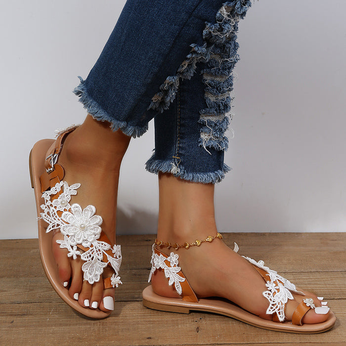 Lace Sandals Flowers Ankle Shoes